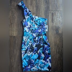 Bisou Bisou One Shoulder w/ Bow & Pleats Mini Dress Blue & Turquoise Size 4 NWT!